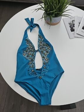 NWOT Calzedonia Cobey Embellished Teal Halter One-Piece Swimsuit